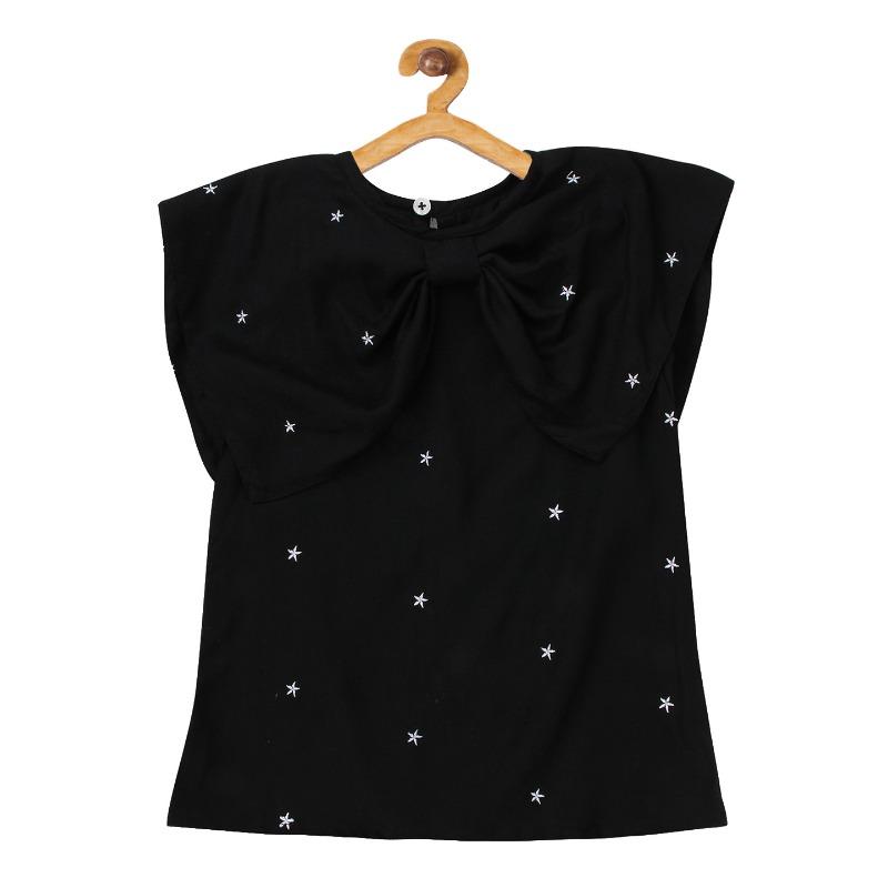 Knitting Doodles Black Floral Embroidered Regular Top for girl