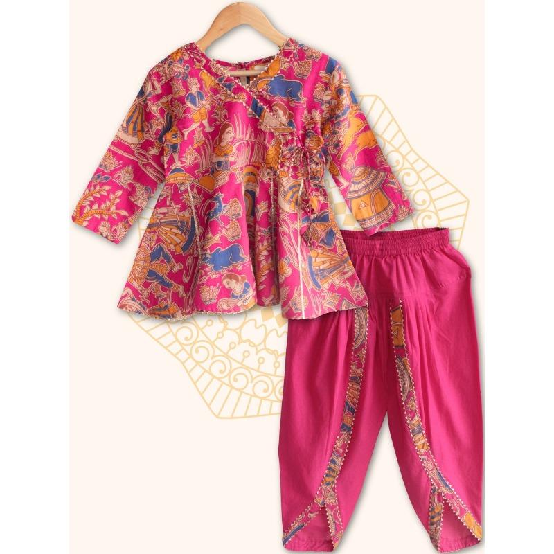 Peekaaboo Girls Ethnic Printed Angrakha Pure Cotton Kurti Dhoti Set