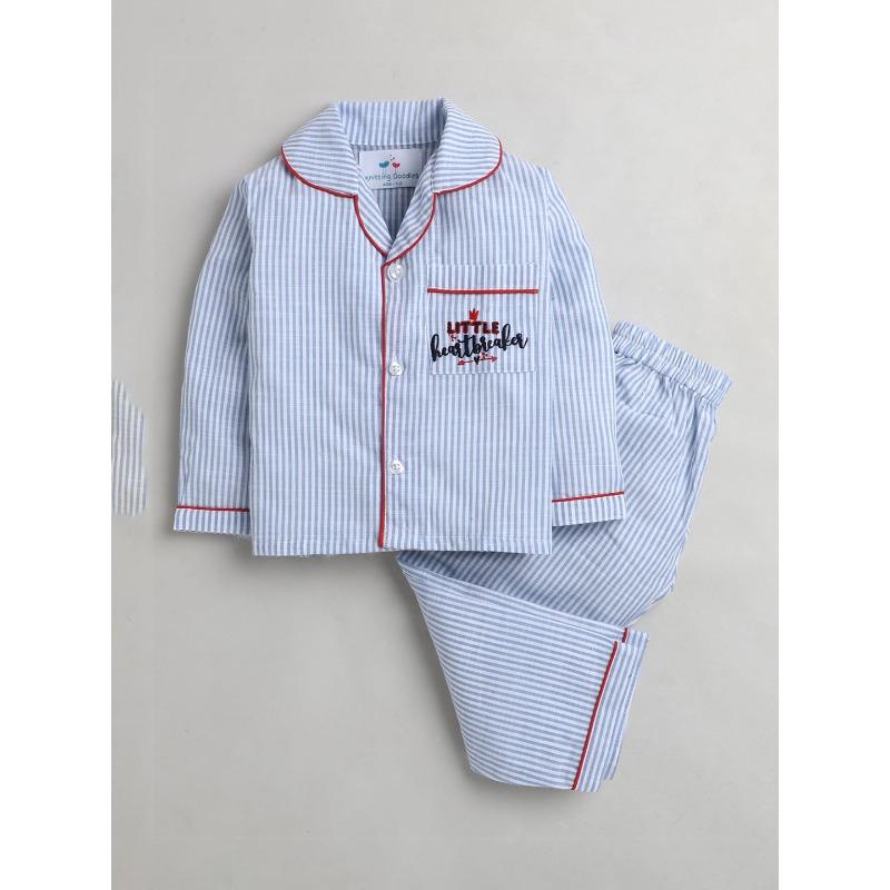 Knitting Doodles Unisex Kids Blue Striped Night suit