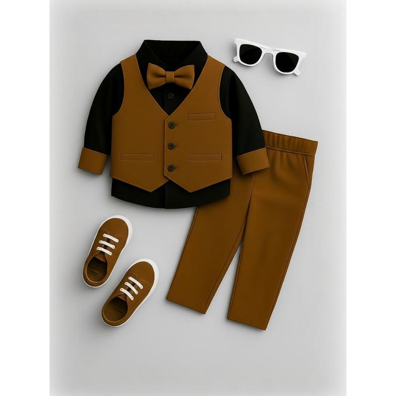 FABIZZA Boys' Brown & Black Cotton Blend Shirt, Trousers & Waistcoat Set